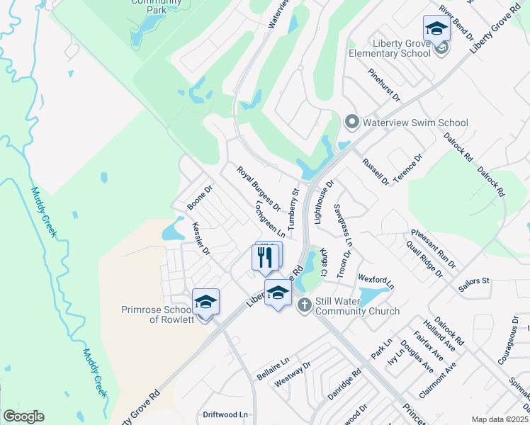 map of restaurants, bars, coffee shops, grocery stores, and more near 9018 Lochgreen Lane in Rowlett
