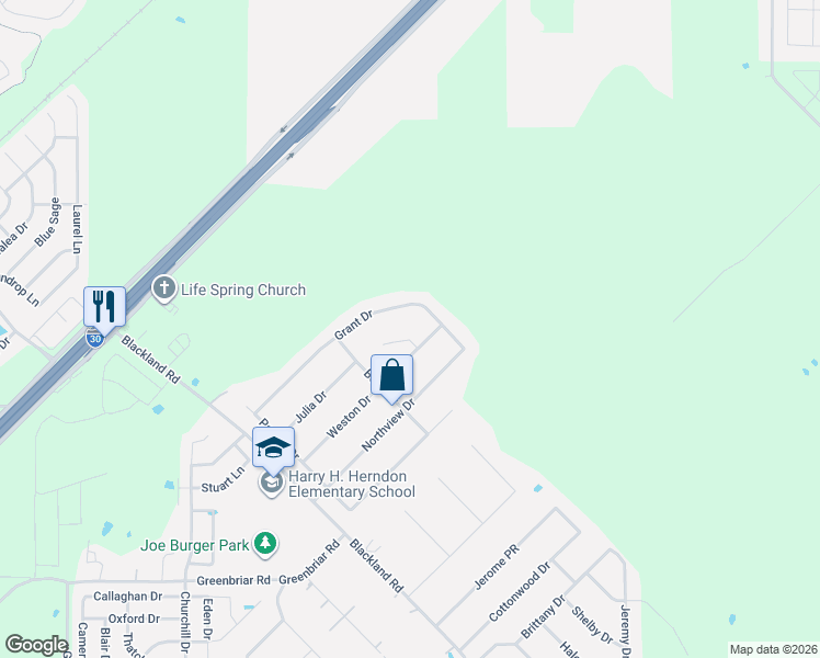 map of restaurants, bars, coffee shops, grocery stores, and more near 102 Makesa Circle in Royse City
