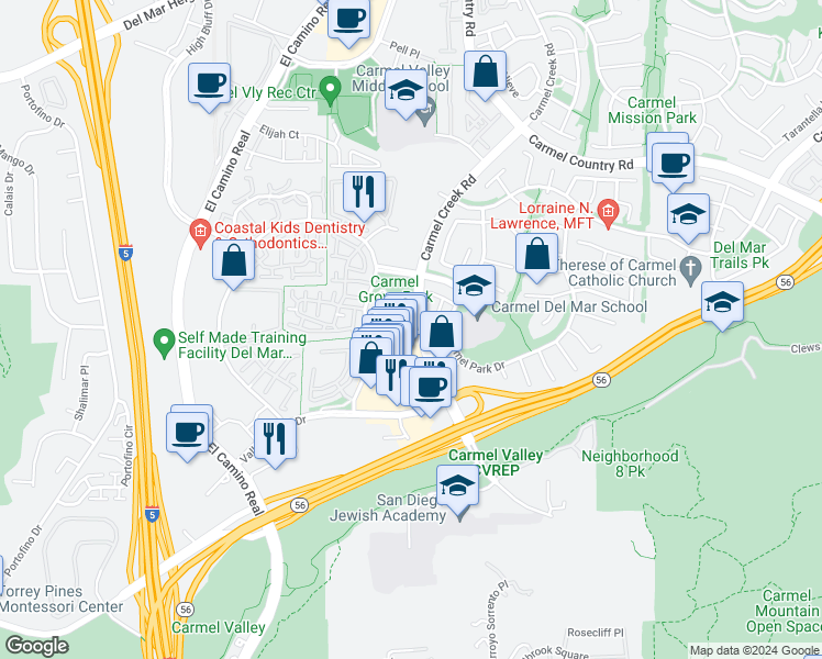 map of restaurants, bars, coffee shops, grocery stores, and more near 3830 Valley Centre Drive in San Diego