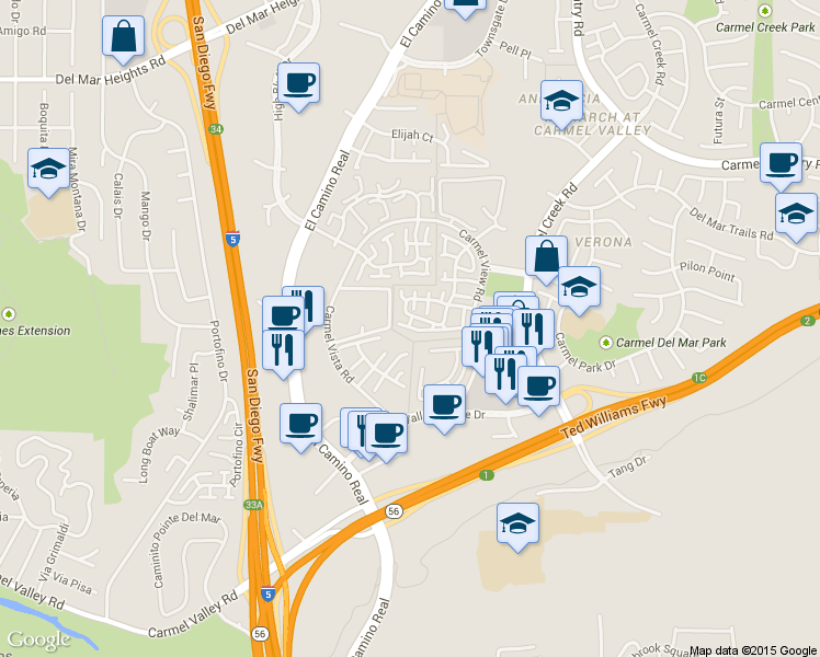 map of restaurants, bars, coffee shops, grocery stores, and more near 3658 Caminito Carmel Landing in San Diego