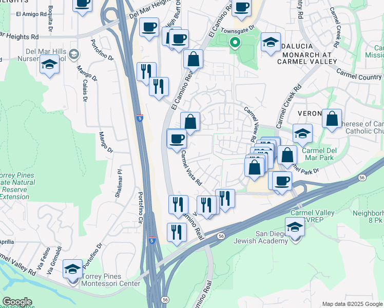 map of restaurants, bars, coffee shops, grocery stores, and more near 3511 Caminito Carmel Landing in San Diego