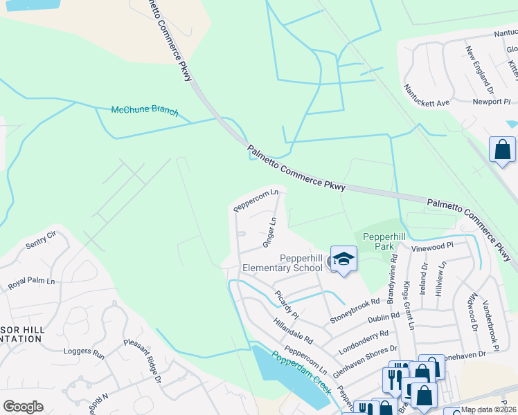 map of restaurants, bars, coffee shops, grocery stores, and more near 3434 Smoketree Court in North Charleston