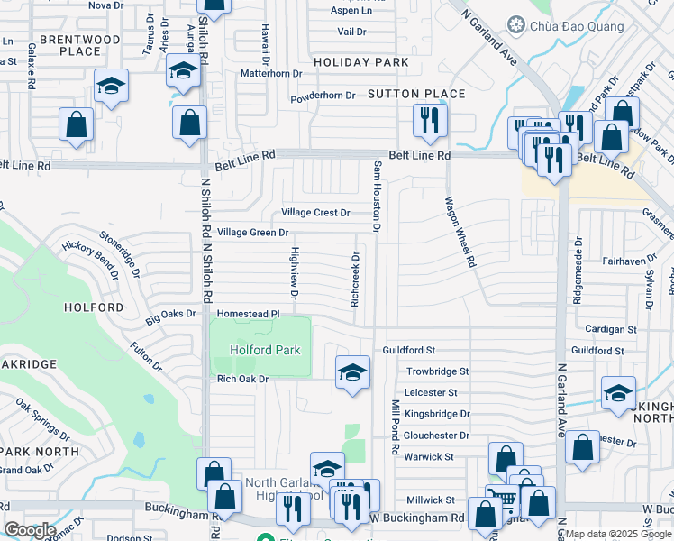 map of restaurants, bars, coffee shops, grocery stores, and more near 2106 Richbrook Drive in Garland