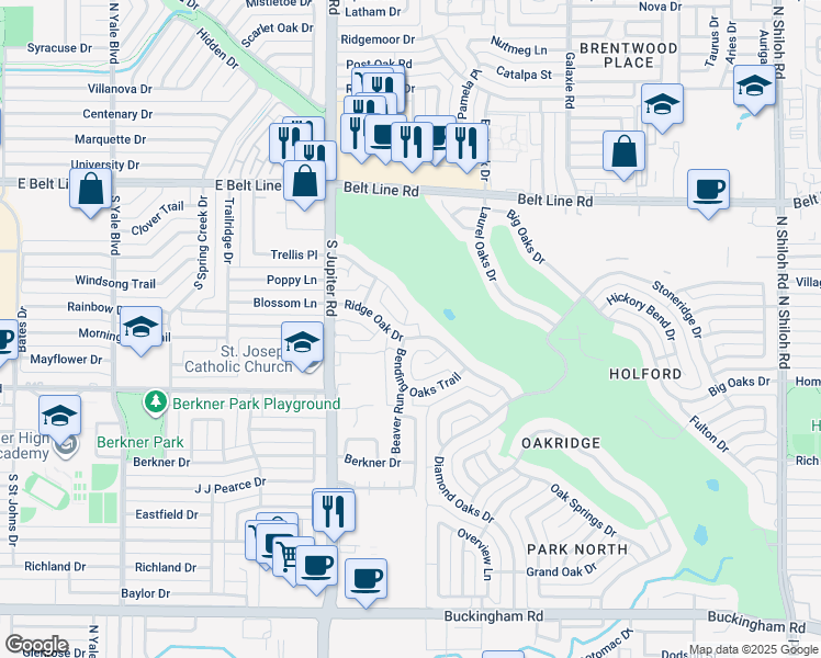 map of restaurants, bars, coffee shops, grocery stores, and more near 3302 Ridge Oak Drive in Garland