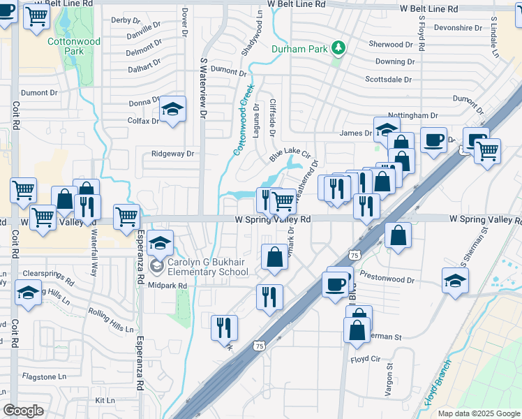map of restaurants, bars, coffee shops, grocery stores, and more near 8600 Spring Valley Road in Dallas