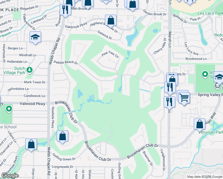 map of restaurants, bars, coffee shops, grocery stores, and more near 14250 Coral Harbour Court in Farmers Branch