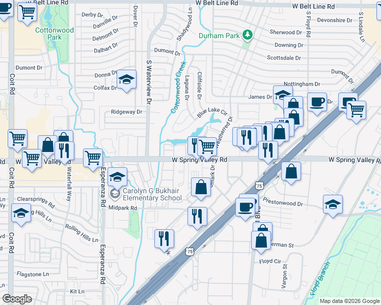 map of restaurants, bars, coffee shops, grocery stores, and more near 8600 Spring Valley Road in Dallas