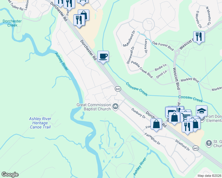 map of restaurants, bars, coffee shops, grocery stores, and more near 407 Reserve Way in Summerville