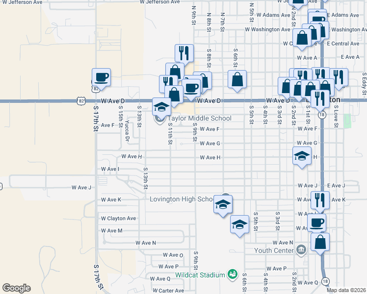 map of restaurants, bars, coffee shops, grocery stores, and more near 910 W Avenue H in Lovington