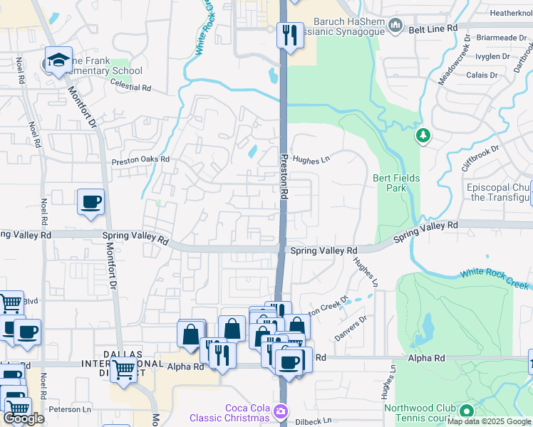 map of restaurants, bars, coffee shops, grocery stores, and more near 5902 Preston Oaks Road in Dallas