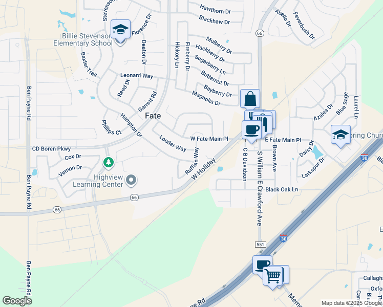 map of restaurants, bars, coffee shops, grocery stores, and more near 573 Louder Way in Rockwall