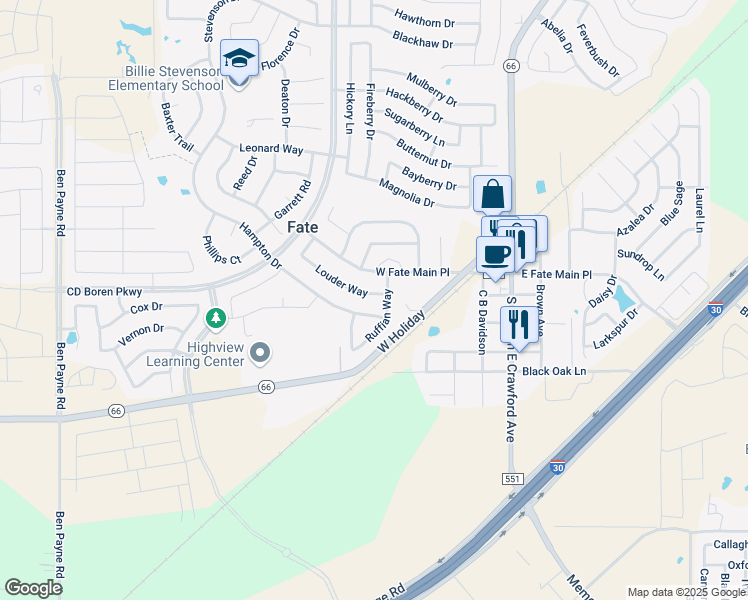 map of restaurants, bars, coffee shops, grocery stores, and more near 575 Louder Way in Rockwall
