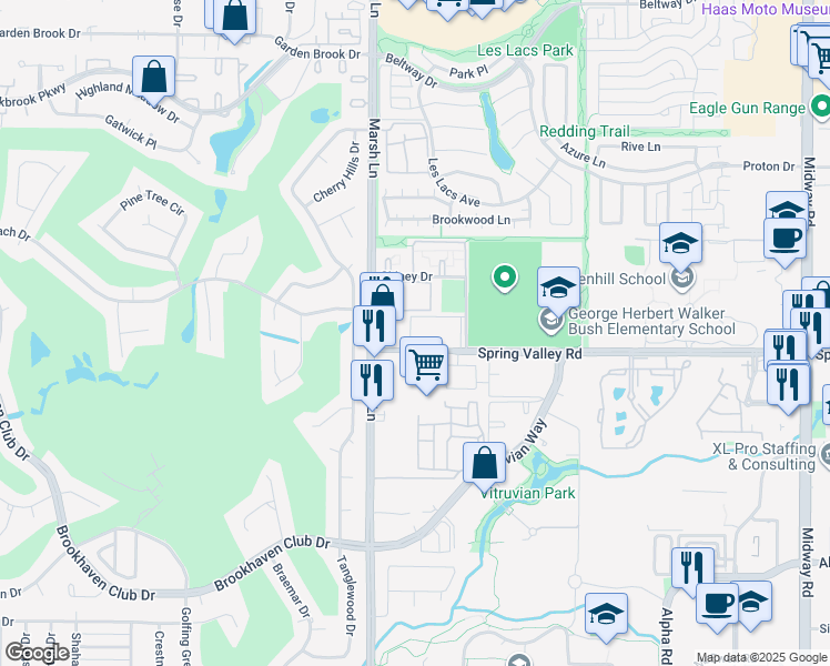 map of restaurants, bars, coffee shops, grocery stores, and more near 3721 Spring Valley Road in Addison