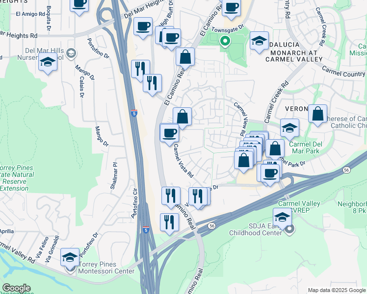map of restaurants, bars, coffee shops, grocery stores, and more near 12213 Carmel Vista Road in San Diego