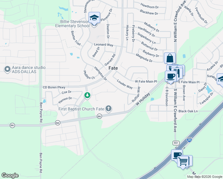 map of restaurants, bars, coffee shops, grocery stores, and more near 796 Cauble Drive in Rockwall