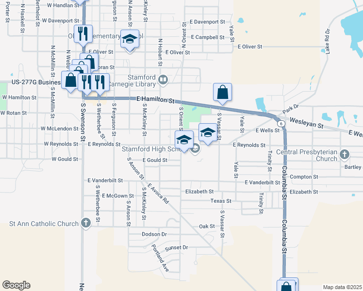map of restaurants, bars, coffee shops, grocery stores, and more near 507 South Orient Street in Stamford