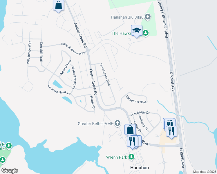 map of restaurants, bars, coffee shops, grocery stores, and more near 1304 Grassy Hill Court in Hanahan