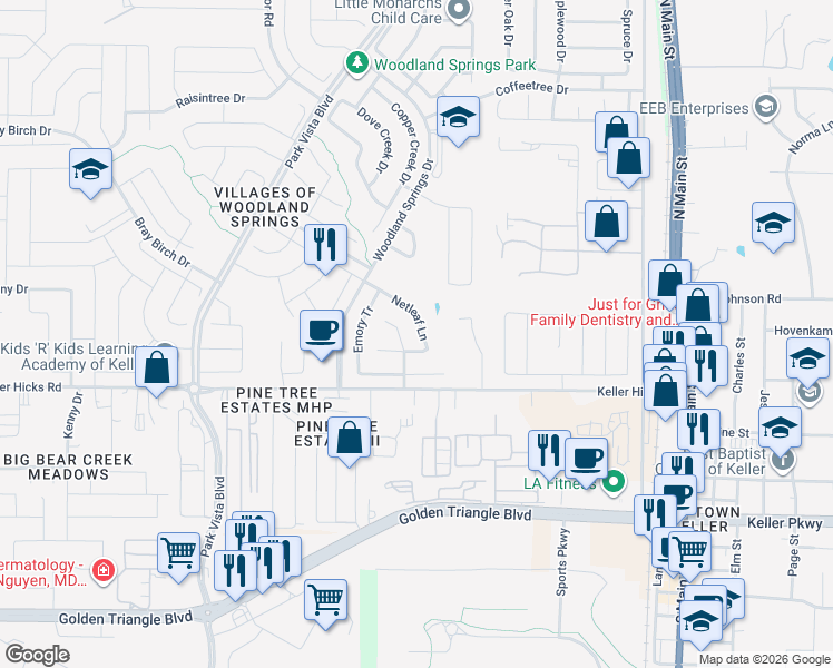 map of restaurants, bars, coffee shops, grocery stores, and more near 11645 Netleaf Lane in Fort Worth