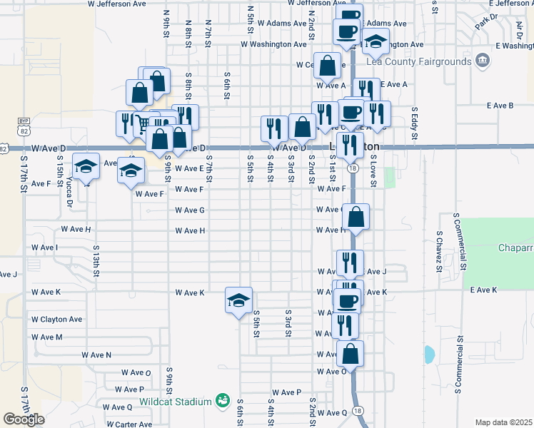 map of restaurants, bars, coffee shops, grocery stores, and more near 813 S 5th St in Lovington
