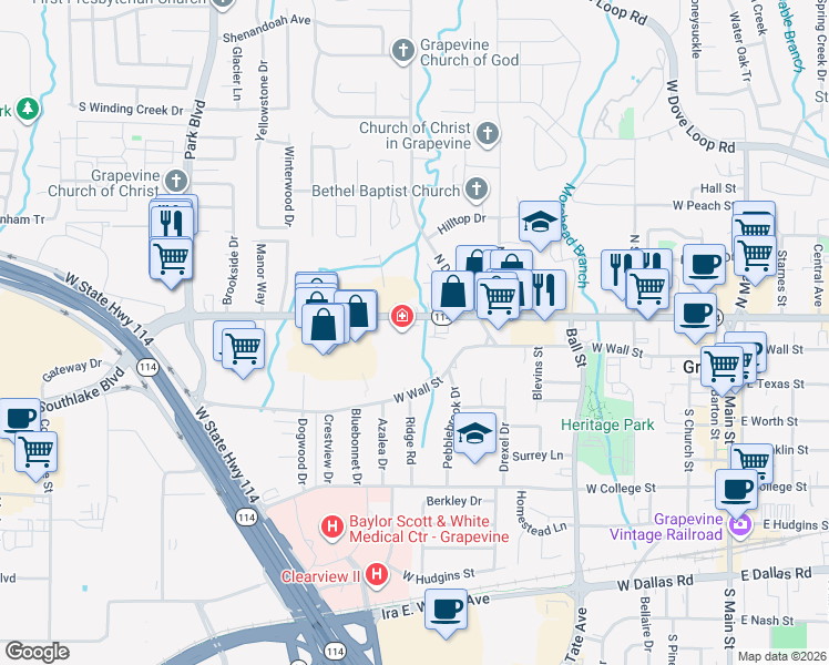 map of restaurants, bars, coffee shops, grocery stores, and more near 1323 West Northwest Highway in Grapevine