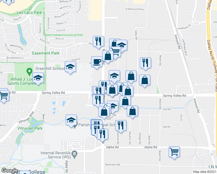 map of restaurants, bars, coffee shops, grocery stores, and more near 4201 Spring Valley Road in Dallas