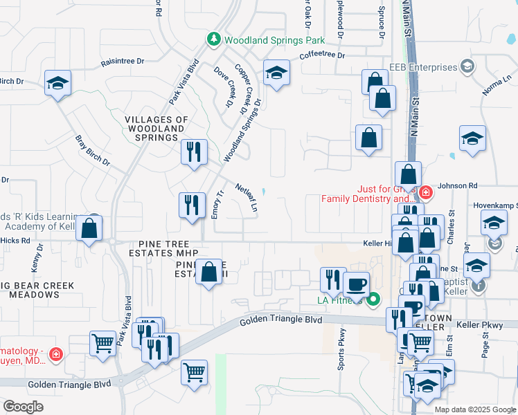 map of restaurants, bars, coffee shops, grocery stores, and more near 11640 Netleaf Lane in Fort Worth