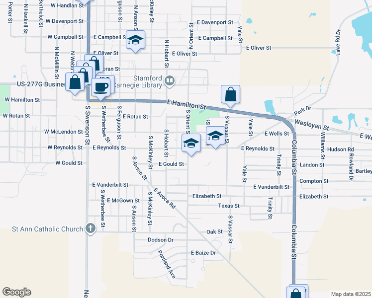 map of restaurants, bars, coffee shops, grocery stores, and more near 502 South Orient Street in Stamford