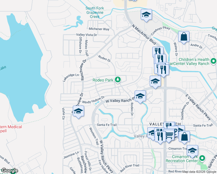 map of restaurants, bars, coffee shops, grocery stores, and more near 9604 Quail Hollow Lane in Irving
