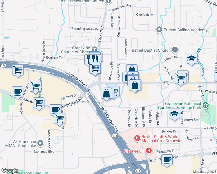 map of restaurants, bars, coffee shops, grocery stores, and more near 2031 West Northwest Highway in Grapevine