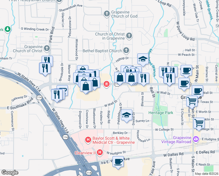 map of restaurants, bars, coffee shops, grocery stores, and more near 1323 West Northwest Highway in Grapevine