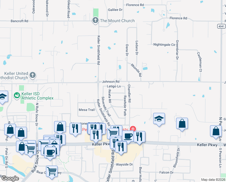 map of restaurants, bars, coffee shops, grocery stores, and more near 1505 Sagebrush Trail in Keller