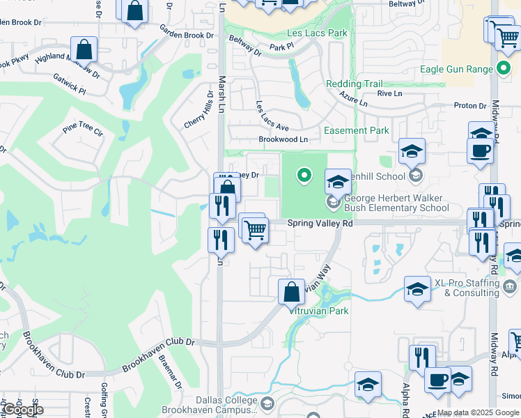 map of restaurants, bars, coffee shops, grocery stores, and more near 3721 Spring Valley Road in Addison