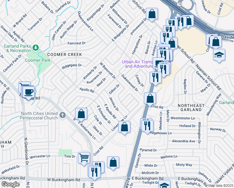 map of restaurants, bars, coffee shops, grocery stores, and more near 222 East Bancroft Drive in Garland
