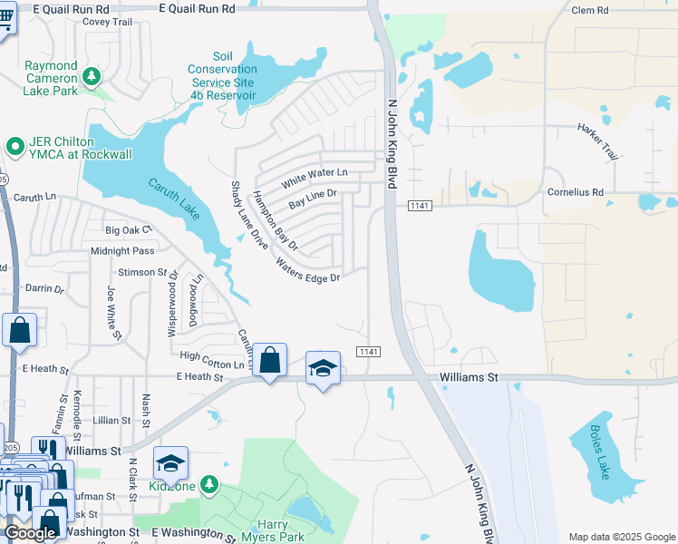 map of restaurants, bars, coffee shops, grocery stores, and more near 1278 Waters Edge Drive in Rockwall