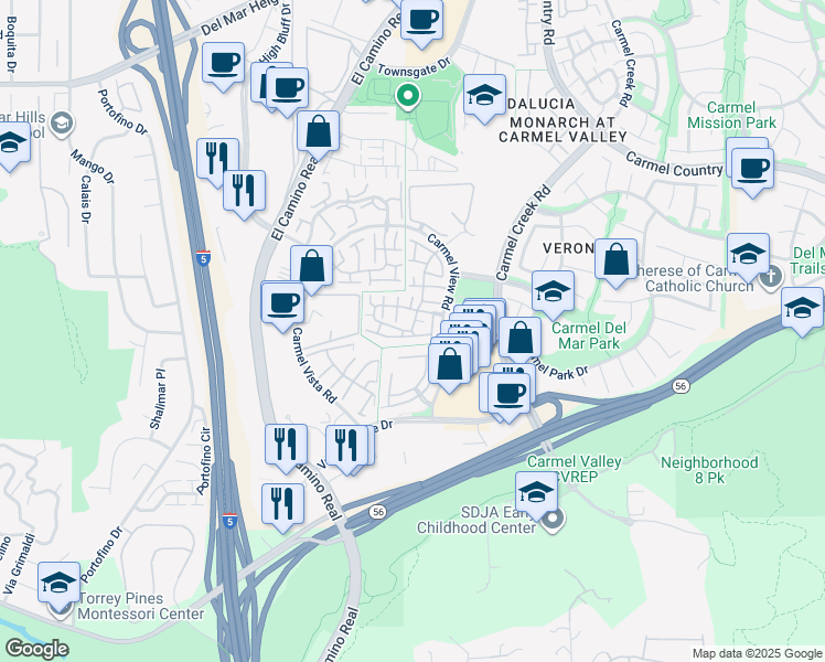 map of restaurants, bars, coffee shops, grocery stores, and more near 12221 Caminito Mira Del Mar in San Diego