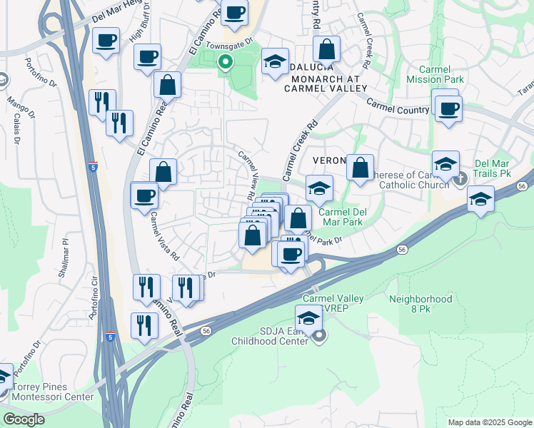 map of restaurants, bars, coffee shops, grocery stores, and more near 3767 Carmel View Road in San Diego