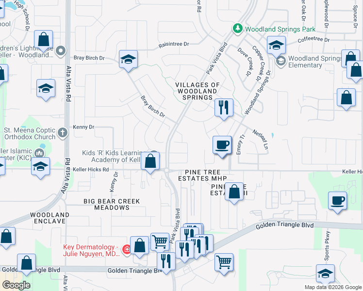 map of restaurants, bars, coffee shops, grocery stores, and more near 11633 Winding Brook Drive in Fort Worth