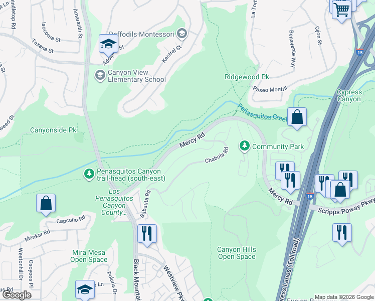 map of restaurants, bars, coffee shops, grocery stores, and more near 9432 Hito Court in San Diego