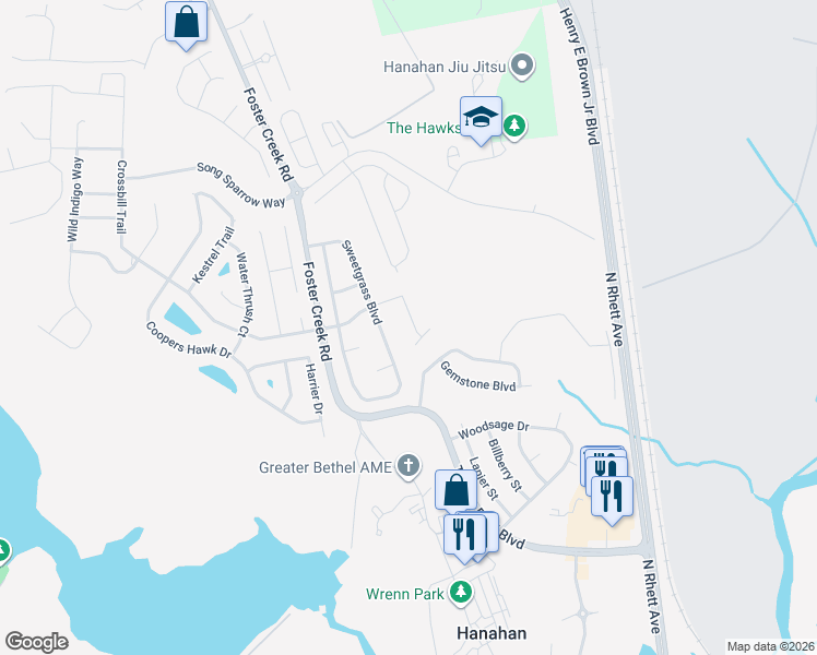 map of restaurants, bars, coffee shops, grocery stores, and more near 7204 Weavers Way in Hanahan
