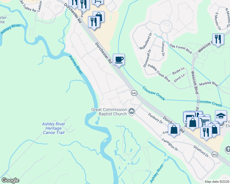 map of restaurants, bars, coffee shops, grocery stores, and more near 100 Fairington Drive in Summerville