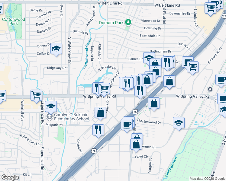 map of restaurants, bars, coffee shops, grocery stores, and more near 919 South Weatherred Drive in Richardson