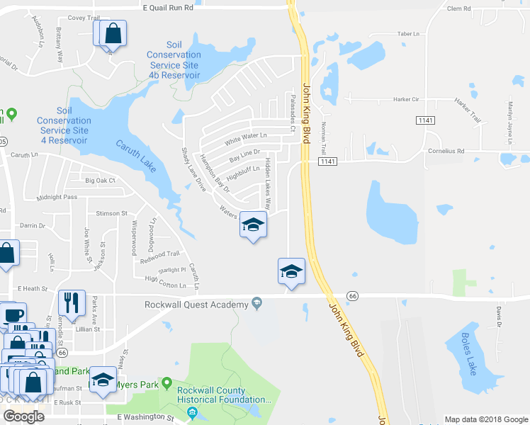 map of restaurants, bars, coffee shops, grocery stores, and more near 1278 Waters Edge Drive in Rockwall