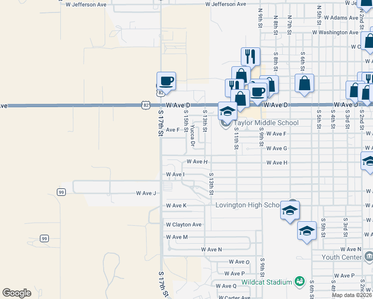 map of restaurants, bars, coffee shops, grocery stores, and more near 15th Street in Lovington