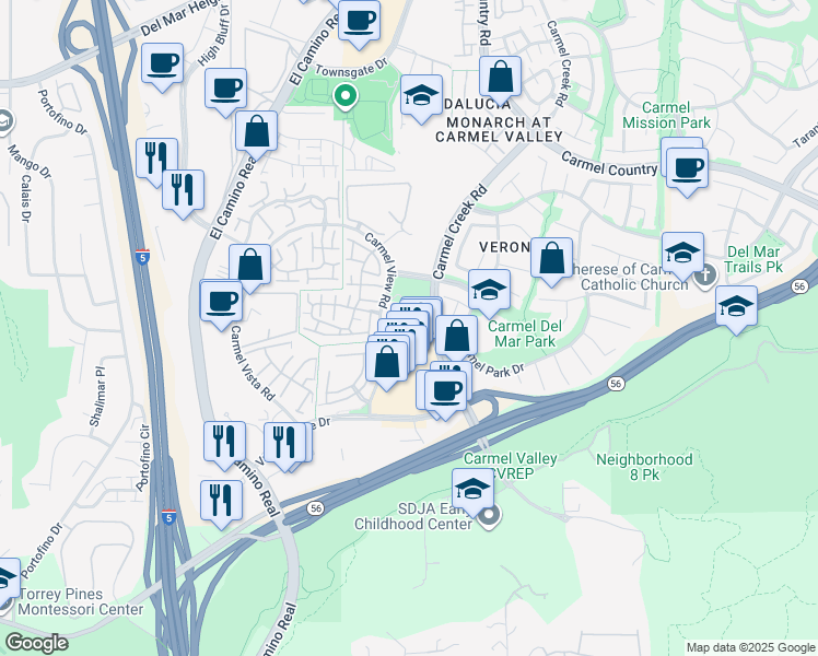 map of restaurants, bars, coffee shops, grocery stores, and more near 3741 Carmel View Road in San Diego