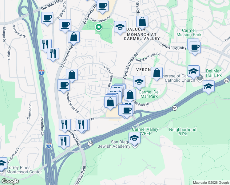 map of restaurants, bars, coffee shops, grocery stores, and more near 3741 Carmel View Road in San Diego