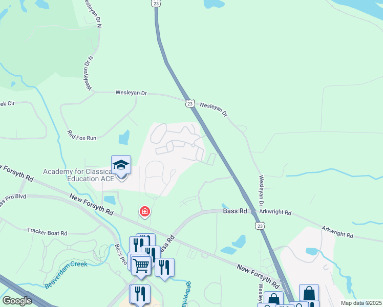 map of restaurants, bars, coffee shops, grocery stores, and more near 5530 Riverside Drive in Macon