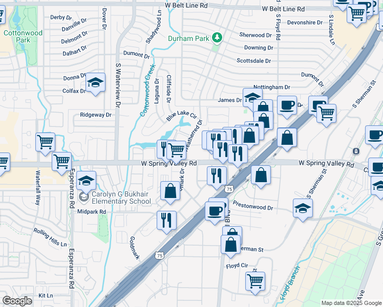 map of restaurants, bars, coffee shops, grocery stores, and more near in Richardson