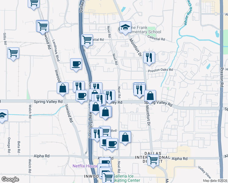 map of restaurants, bars, coffee shops, grocery stores, and more near 5251 Spring Valley Road in Dallas