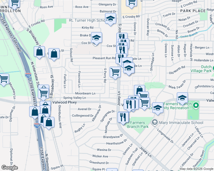 map of restaurants, bars, coffee shops, grocery stores, and more near 1842 South Perry Road in Carrollton