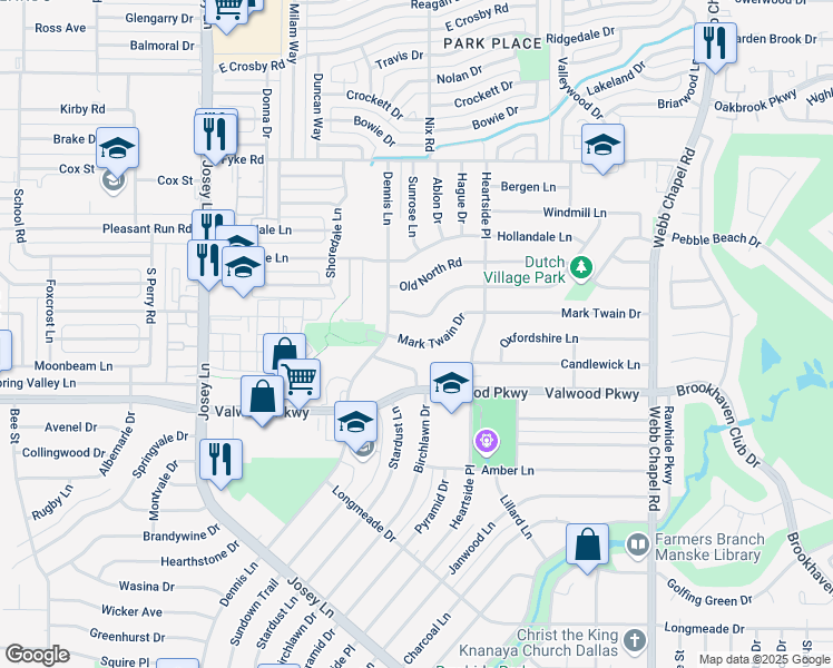 map of restaurants, bars, coffee shops, grocery stores, and more near 2838 Mark Twain Drive in Farmers Branch
